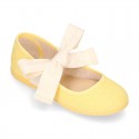 Girl Fashion colors LINEN canvas Ballet Flat shoes angel style with big ribbon closure.