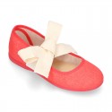 Girl Fashion colors LINEN canvas Ballet Flat shoes angel style with big ribbon closure.