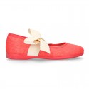 Girl Fashion colors LINEN canvas Ballet Flat shoes angel style with big ribbon closure.