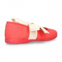 Girl Fashion colors LINEN canvas Ballet Flat shoes angel style with big ribbon closure.