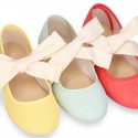 Girl Fashion colors LINEN canvas Ballet Flat shoes angel style with big ribbon closure.