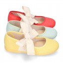 Girl Fashion colors LINEN canvas Ballet Flat shoes angel style with big ribbon closure.