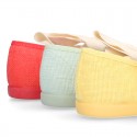 Girl Fashion colors LINEN canvas Ballet Flat shoes angel style with big ribbon closure.