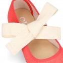 Girl Fashion colors LINEN canvas Ballet Flat shoes angel style with big ribbon closure.