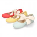 Girl Fashion colors LINEN canvas Ballet Flat shoes angel style with big ribbon closure.