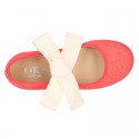 Girl Fashion colors LINEN canvas Ballet Flat shoes angel style with big ribbon closure.