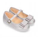 Serratex canvas little Girl Mary Janes with bow in METAL colors.