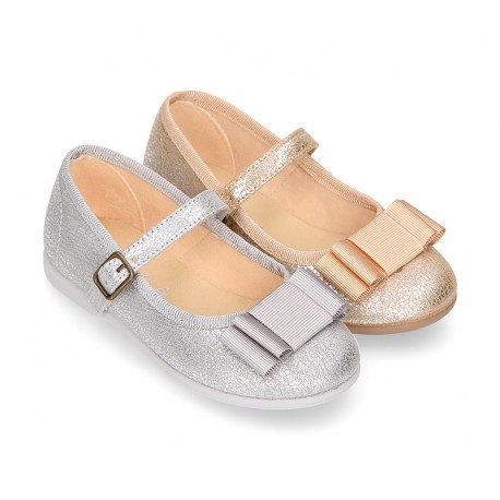 Serratex canvas little Girl Mary Janes with bow in METAL colors.