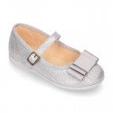 Serratex canvas little Girl Mary Janes with bow in METAL colors.