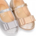 Serratex canvas little Girl Mary Janes with bow in METAL colors.