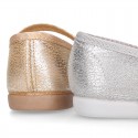 Serratex canvas little Girl Mary Janes with bow in METAL colors.