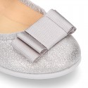 Serratex canvas little Girl Mary Janes with bow in METAL colors.