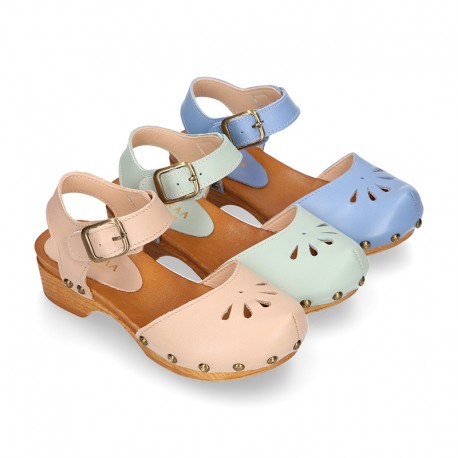 Soft Leather wooden Girl Sandal shoes CLOG style with chopped design.