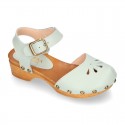 Soft Leather wooden Girl Sandal shoes CLOG style with chopped design.