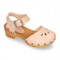 Soft Leather wooden Girl Sandal shoes CLOG style with chopped design.