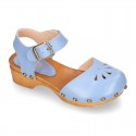 Soft Leather wooden Girl Sandal shoes CLOG style with chopped design.