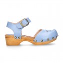 Soft Leather wooden Girl Sandal shoes CLOG style with chopped design.