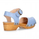 Soft Leather wooden Girl Sandal shoes CLOG style with chopped design.