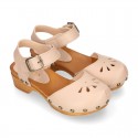 Soft Leather wooden Girl Sandal shoes CLOG style with chopped design.