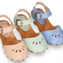 Soft Leather wooden Girl Sandal shoes CLOG style with chopped design.