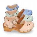 Soft Leather wooden Girl Sandal shoes CLOG style with chopped design.