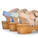 Soft Leather wooden Girl Sandal shoes CLOG style with chopped design.