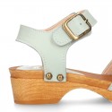 Soft Leather wooden Girl Sandal shoes CLOG style with chopped design.