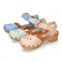 Soft Leather wooden Girl Sandal shoes CLOG style with chopped design.