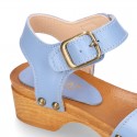 Soft Leather wooden Girl Sandal shoes CLOG style with chopped design.