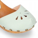 Soft Leather wooden Girl Sandal shoes CLOG style with chopped design.