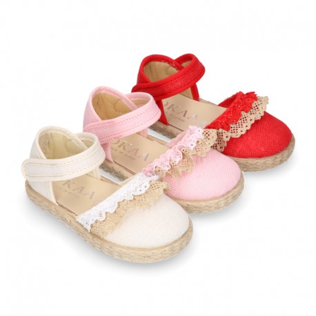 BABY Linen canvas espadrille shoes with laces design.