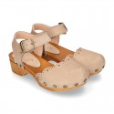 Nobuck Leather wooden Girl Sandal shoes CLOG style with waves design.