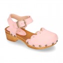 Nobuck Leather wooden Girl Sandal shoes CLOG style with waves design.