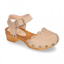 Nobuck Leather wooden Girl Sandal shoes CLOG style with waves design.