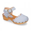 Nobuck Leather wooden Girl Sandal shoes CLOG style with waves design.