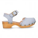 Nobuck Leather wooden Girl Sandal shoes CLOG style with waves design.