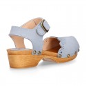 Nobuck Leather wooden Girl Sandal shoes CLOG style with waves design.