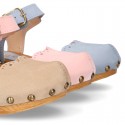 Nobuck Leather wooden Girl Sandal shoes CLOG style with waves design.