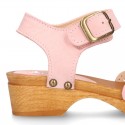 Nobuck Leather wooden Girl Sandal shoes CLOG style with waves design.