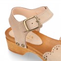 Nobuck Leather wooden Girl Sandal shoes CLOG style with waves design.