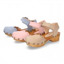 Nobuck Leather wooden Girl Sandal shoes CLOG style with waves design.