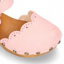 Nobuck Leather wooden Girl Sandal shoes CLOG style with waves design.