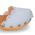 Nobuck Leather wooden Girl Sandal shoes CLOG style with waves design.