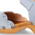 Nobuck Leather wooden Girl Sandal shoes CLOG style with waves design.