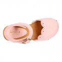 Nobuck Leather wooden Girl Sandal shoes CLOG style with waves design.