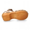 Nobuck Leather wooden Girl Sandal shoes CLOG style with waves design.