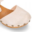 METAL Suede Leather wooden Girl Sandal shoes CLOG style.