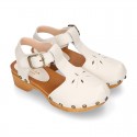 Soft Leather wooden Girl T-Bar Sandal shoes CLOG style with chopped design.