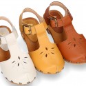 Soft Leather wooden Girl T-Bar Sandal shoes CLOG style with chopped design.
