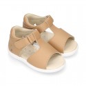 T-Strap Camel Washable leather Sandal shoes with hook and loop closure.